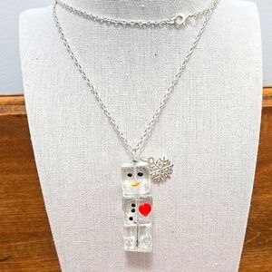 Fused Glass Ice Cube Snowman Pendant Necklace